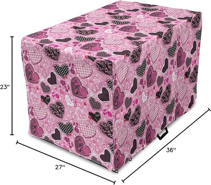 Lunarable Hearts Dog Crate Cover, Sewing Themed Love with Polka Dots Valentine's Day Inspired Image, Easy to Use Pet Kennel Cover for Medium Large Dogs, 36 Inch, Pink Black White