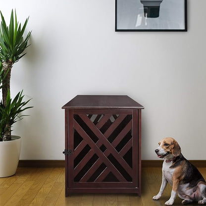 Casual Home Modern Lattice Wooden Pet Crate End Table - Espresso, Lockable, Spacious, Comfortable, Dog