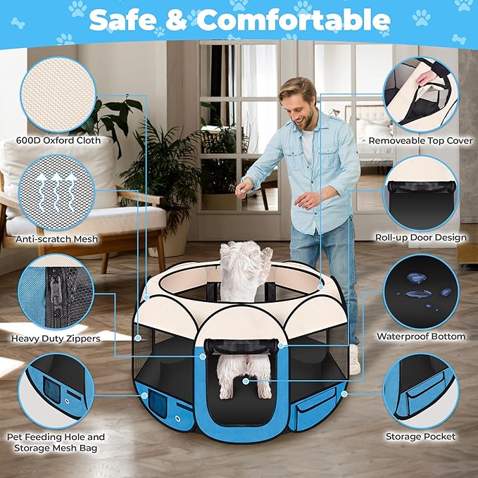 36" Foldable Pet Playpen for Medium/Small Dogs, HOMAGICO Pet Playpen for Indoor Cats Enclosed,Portable Dog Playpen Outdoor Tent Crate with Carrying Case,Water-Resistant and Removable Shade Cover, Blue