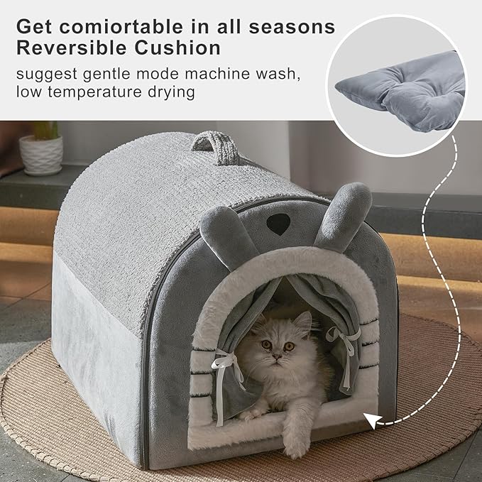 Jiupety Small Dog House Indoor, Dog Cave with Door Curtain Design, Puppy House with Reversible Washable Cushion, M Size Portable Pet Cave for Small Dogs Up to 12 Lbs, Non-Slip Bottom, Grey
