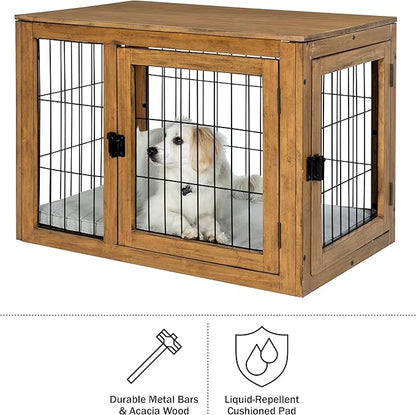 Furniture-Style Dog Crate - Acacia Wood Kennel for Medium Dogs with Double Doors and Cushion - Dog Cage Furniture by PETMAKER (Natural)