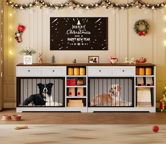 IDEALHOUSE 47” Large Dog Crate, Dog Kennel Indoor with 2 Drawers and 4 Shelves, Dog Crate Furniture TV Stand, Wooden Dog Cage for Medium Large Dogs, White