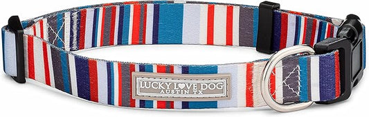 Lucky Love Dog, Nautical Dog Collar, Polka Dot Blue Red White Striped Collar for Male Female Dogs, Adjustable & Comfy - (Medium, Linus Collar)
