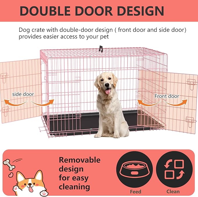 FDW XL Dog Crate Dog Kennel Cage with Double Door,42 inch Folding Metal Wire Dog Cage with Removable Tray&Divider Panel,Pet Crate for Medium Large Dogs,Pink