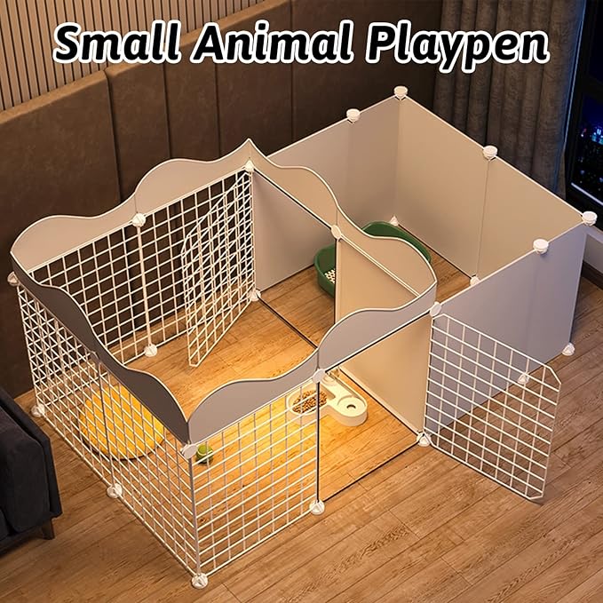 Fhiny Small Animal Playpen, Portable Rabbit Fence Indoor Metal Wire Yard Fence Guinea Pig Cage Playpen Metal Enclosure for Rabbit Guinea Pig Chinchilla Hamster Puppy Kitten with 12 Panels (White)