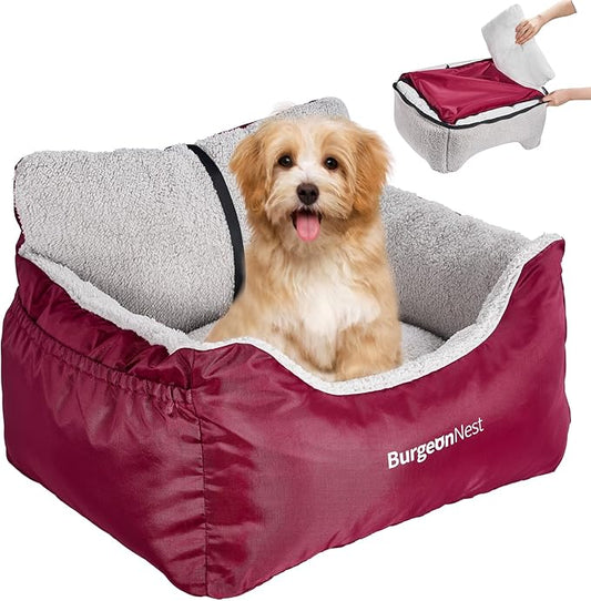 BurgeonNest Dog Car Seat for Small Dogs, Fully Detachable and Washable Carseats Under 25, Soft Booster Seats with Storage Pockets Clip-On Leash Portable Travel Carrier Bed Red (dbs-r)
