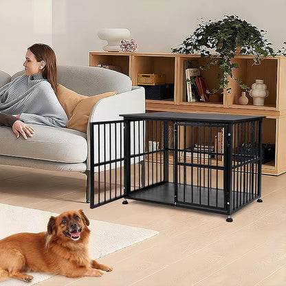 32 Inch Dog Crate Furniture, Heavy Duty Dog Kennel with Side Door, Decorative Pet House End Table, Wooden Cage Kennel Furniture Indoor, Grey