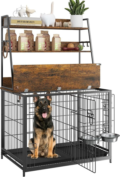 Furniture Style Dog Crate - Adjustable Feeder with Elevated Bowls, Dog Kennel Furniture with -up Top, Multifunctional Dog House End Table, Versatile Dog Cage with Storage, Brown