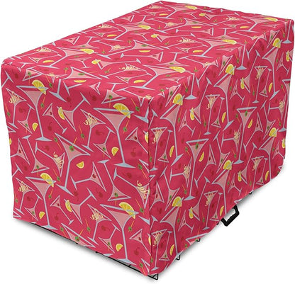 Lunarable Drinks Dog Crate Cover, Exotic Pattern of Tropical Cocktail Party Glasses with Lemons Slice, Easy to Use Pet Kennel Cover for Cats & Medium Dogs, 24 Inch, Dark Coral Multicolor