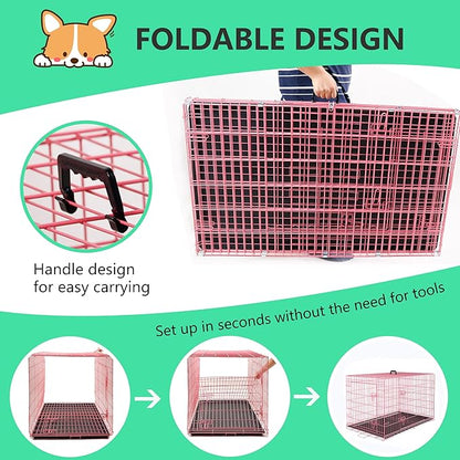 FDW 24 inch Dog Crate Dog Kennel Cage with Double Door Folding Metal Wire Dog Cage with Removable Tray&Divider Panel,Pet Crate for Small Dogs,Pink