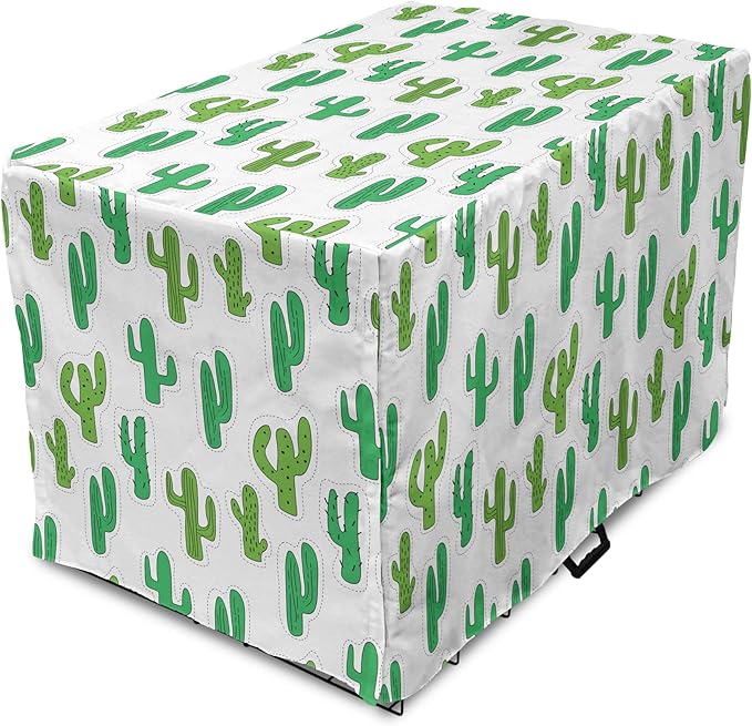 Lunarable Cactus Print Dog Crate Cover, Hand Drawn Cutout Style Cactus Plants Warm Climate Botany with Thorns, Easy to Use Pet Kennel Cover for Small Dogs Puppies Kittens, 18 Inch, White Lime Green