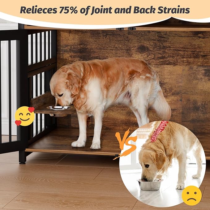 IDEALHOUSE Dog Crate Furniture, 48 Inch Dog Cage with 2 Open Storage Shelves, Wooden Dog Kennel with Adjustable Raised Feeders, Indoor Heavy Duty Metal End Table Dog Crate for Large Medium Dogs