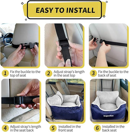 BurgeonNest Dog Car Seat for Small Dogs, Fully Detachable and Washable Dog Carseats Small Under 25, Soft Dog Booster Seats with Storage Pockets and Clip-On Leash Portable Dog Car Travel Carrier Bed