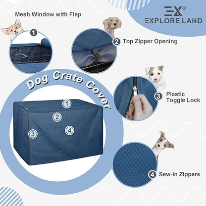 Explore Land Dog Crate Cover for 36 Inches Wire Cage, Heavy-Duty Lattice Pet Kennel Enclosure Compatible with 1 2 3 Doors Standard Metal Cage (Blue)