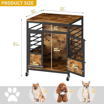 DWVO Dog Crate Furniture, 24 Inch Dog Kennel Indoor Furniture End Table for Dogs, Modern Decorative Wooden Cage with Wheels, Chew-Resistant, Rustic Brown