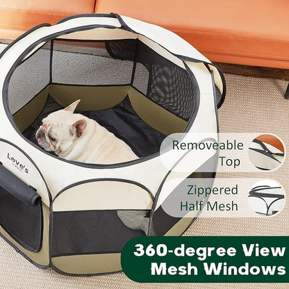 Love's cabin Pet Puppy Dog Playpen, Medium Dog Tent Crates Cage Indoor/Outdoor, Portable Playpen for Cat, Foldable Pop Up Dog Kennel Playpen with Carring Case, Removable Zipper Top, Khaki