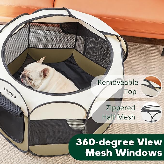 Love's cabin Pet Puppy Dog Playpen, Small Dog Tent Crates Cage Indoor/Outdoor, Portable Playpen for Cat, Foldable Pop Up Dog Kennel Playpen with Carring Case, Removable Zipper Top, Khaki