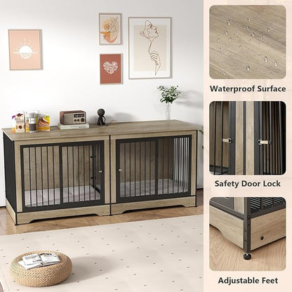 Rovibek 75 Inch Double Dog Crate Furniture with Double Doors, Removable Divider for Large Medium Dogs, Grey