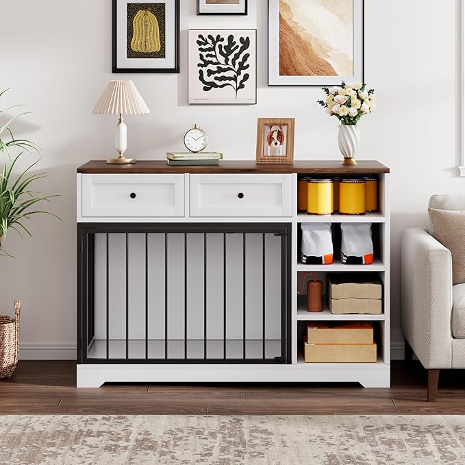 IDEALHOUSE 47” Large Dog Crate, Dog Kennel Indoor with 2 Drawers and 4 Shelves, Dog Crate Furniture TV Stand, Wooden Dog Cage for Medium Large Dogs, White