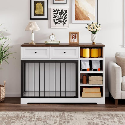 IDEALHOUSE 47” Large Dog Crate, Dog Kennel Indoor with 2 Drawers and 4 Shelves, Dog Crate Furniture TV Stand, Wooden Dog Cage for Medium Large Dogs, White