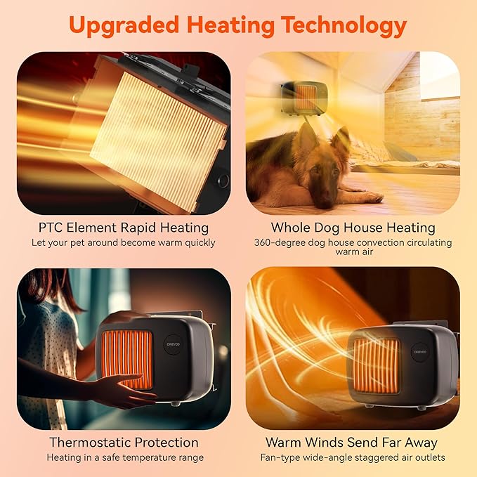 Dreyoo Dog House Heater with Thermostat, Pet House Heater with 6FT Anti Chew Cord and Safe Overheat Protection, 2 Heating Mode (200/400W) Pet House Furnace for Dogs Chicken Coops Rabbits(Black,1 Pcs)