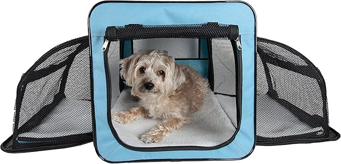 PET LIFE 'Capacious' Dual-Sided Expandable Spacious Wire Folding Collapsible Lightweight Pet Dog Crate Carrier House, Small, Light Blue