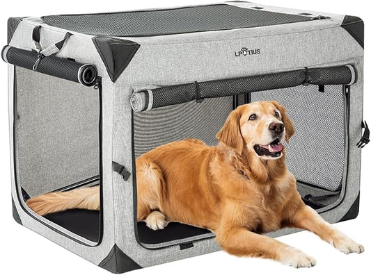 Collapsible Dog Crate for Large Dogs, Portable Travel Dog Crate Soft Pet Kennel with 4-Door Chew Proof Mesh Windows for Indoor & Outdoor