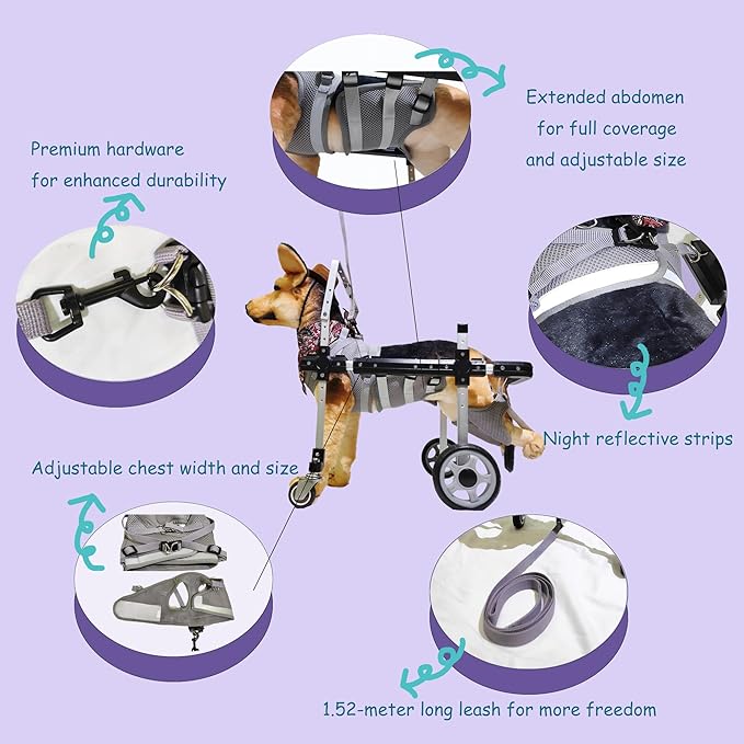 Dog Wheelchair,Lightweight Aluminum Frame with Handle,Extended Leg Straps,Includes Leash,Fits Pugs,French Bulldogs,and Schnauzers（Middle Size）/Beagle,Corgi,and Cocker Spaniel（Large Size）
