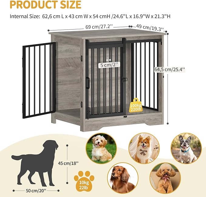 Dog Crate Furniture, 27.2" Double Door Dog Crate with Barn Door, Dog Kennel Indoor, End Side Table Wooden Dog Crate for Small Medium Dog, Anti-Chew Anti-Escape, Greige DFC84305B