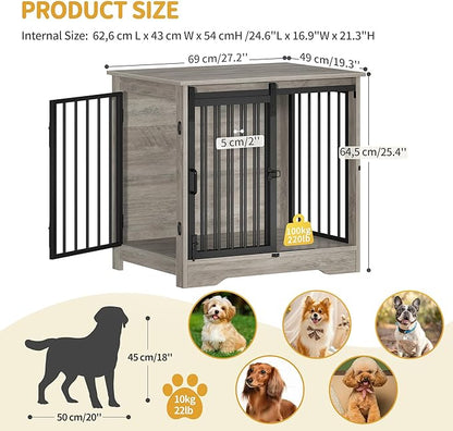 Dog Crate Furniture, 27.2" Double Door Dog Crate with Barn Door, Dog Kennel Indoor, End Side Table Wooden Dog Crate for Small Medium Dog, Anti-Chew Anti-Escape, Greige DFC84305B
