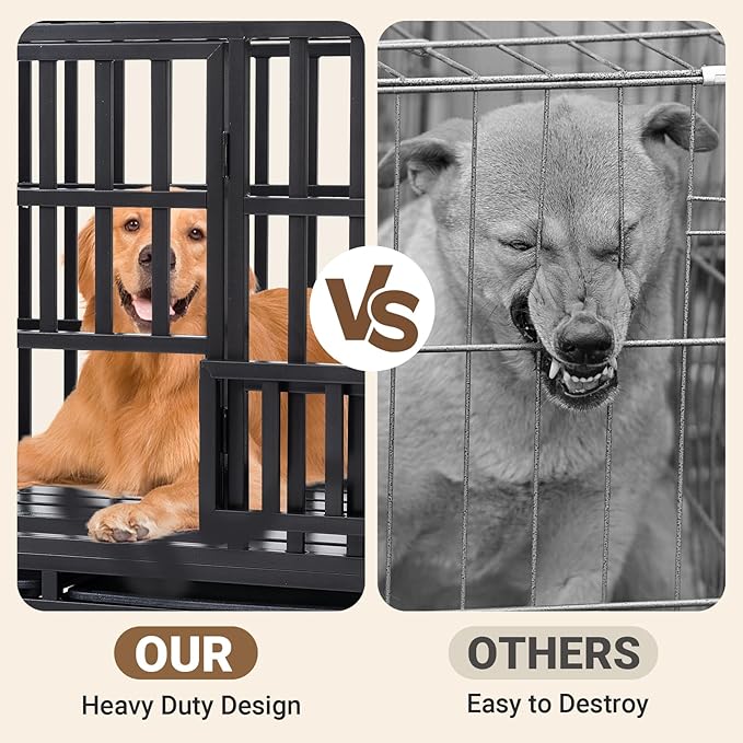 Rovibek 52 Inch XXL Dog Crate, Heavy Duty Dog Crate with Lockable Wheels, Escape Proof Dogs Cage for Extra Large Dogs, Dog Kennel Indoor, Indestructible Dog Crates with Removable Trays