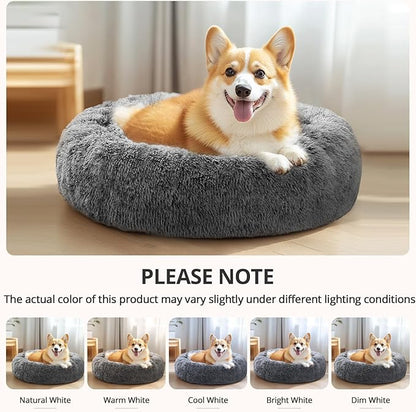 JOLLYVOGUE Dog Bed Cat Bed, Anti-Anxiety Small Dog Bed, Calming Donut Dog Bed for Puppy Bed, Fluffy Dog Beds for Small Medium Dogs, Washable Round Puppy Bed for Indoor Pet (24"/Smoke Black