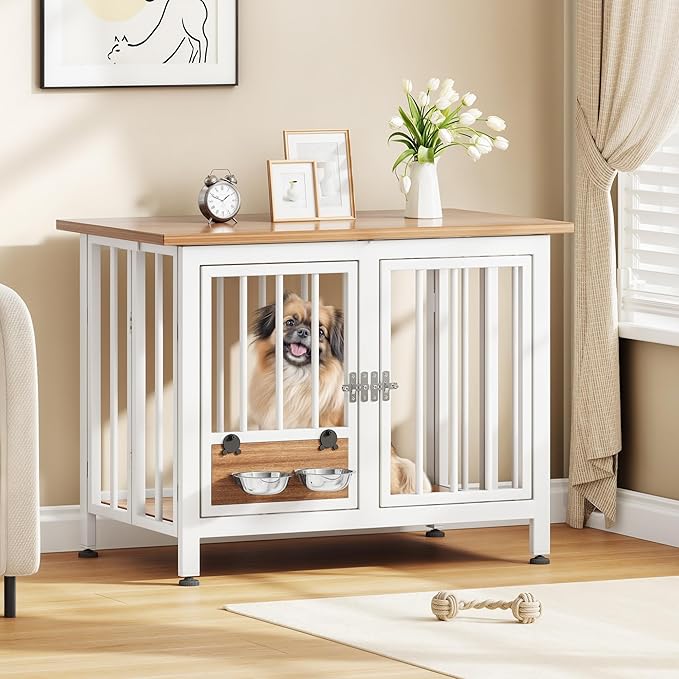 YITAHOME 33" Foldable Dog Crate Furniture, Portable Wooden Kennel End Table with Adjustable Feet & 360° Rotatable Bowls, Perfect for Small to Medium Dogs, Brown