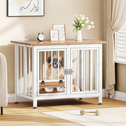 YITAHOME 33" Foldable Dog Crate Furniture, Portable Wooden Kennel End Table with Adjustable Feet & 360° Rotatable Bowls, Perfect for Small to Medium Dogs, Brown