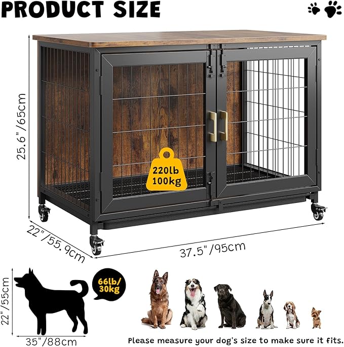 37.5 Inch Dog Kennel Furniture, Heavy Duty Dog Crate Furniture with Wheels, Grid Base, Removable Tray, Latches, Indoor Farmhouse Dog Cage for Medium and Small Dogs, Brown