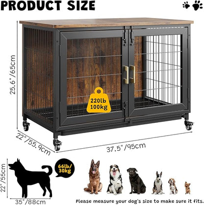 37.5 Inch Wooden Dog Crate with Wheels - Furniture Style Pet Kennel for Small to Medium Dogs Up to 66 Lbs - Multi-Purpose Removable Tray, Decorative Indoor Dog House, Sturdy & Stylish Design