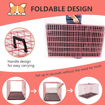 FDW XL Dog Crate Dog Kennel Cage with Double Door,42 inch Folding Metal Wire Dog Cage with Removable Tray&Divider Panel,Pet Crate for Medium Large Dogs,Pink