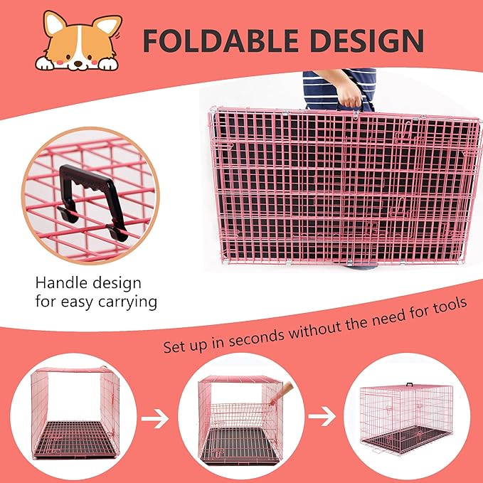 FDW XL Dog Crate Dog Kennel Cage with Double Door,42 inch Folding Metal Wire Dog Cage with Removable Tray&Divider Panel,Pet Crate for Medium Large Dogs,Pink