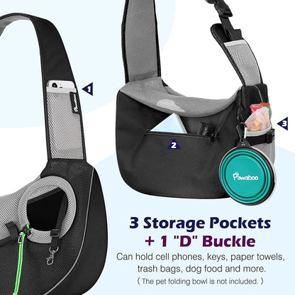 Pawaboo Pet Dog Sling Carrier, Hand Free Drawstring Dog Papoose with Adjustable Strap, Breathable Mesh Bag for Puppy Cat, Crossbody Satchel Dog Purse with Pocket for Outdoor Travel, Black, Small