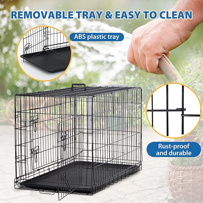 Furniture of America Yucca Metal Double Door Folding Wire Pet Crate with Divider, Removable Tray, and Handle for Outdoor and Indoor Medium Dog, 36-inch, Black