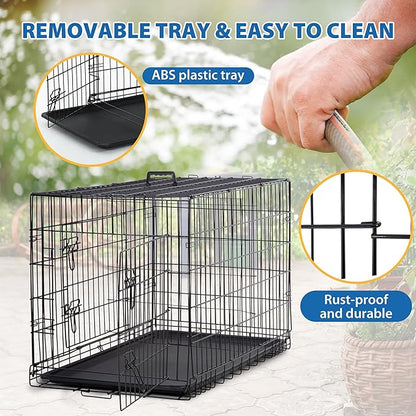 Furniture of America Yucca Metal Double Door Folding Wire Pet Crate with Divider, Removable Tray, and Handle for Outdoor and Indoor Medium Dog, 36-inch, Black
