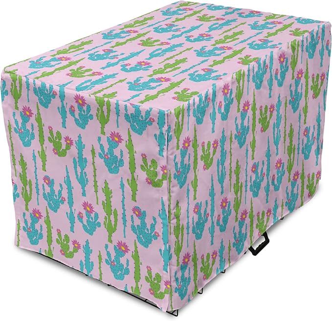 Lunarable Succulent Dog Crate Cover, Pastel Cactus Plants Flowering Desert Botany Foliage in, Easy to Use Pet Kennel Cover for Medium Large Dogs, 42 Inch, Pale Pink Sky Blue Green