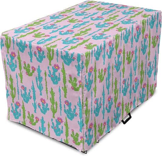 Lunarable Succulent Dog Crate Cover, Pastel Cactus Plants Flowering Desert Botany Foliage in, Easy to Use Pet Kennel Cover for Medium Large Dogs, 42 Inch, Pale Pink Sky Blue Green