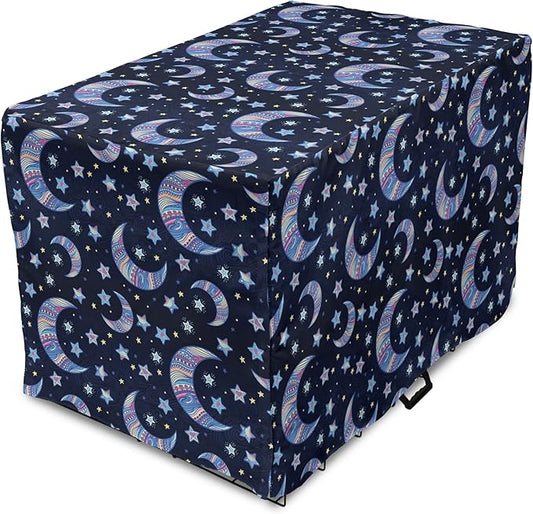Lunarable Bohemian Stars Dog Crate Cover, Crescent Moon and Night Sky Elements Motif Curvy Background, Easy to Use Pet Kennel Cover for Cats & Medium Dogs, 30 Inch, Pink Blue