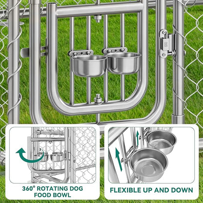 YITAHOME 10'x10' Large Outdoor Dog Kennel with Rotating Feeder Bowls, Outdoor Dog Enclosure with Roof, Heavy Duty Dog Cage for Large Dogs