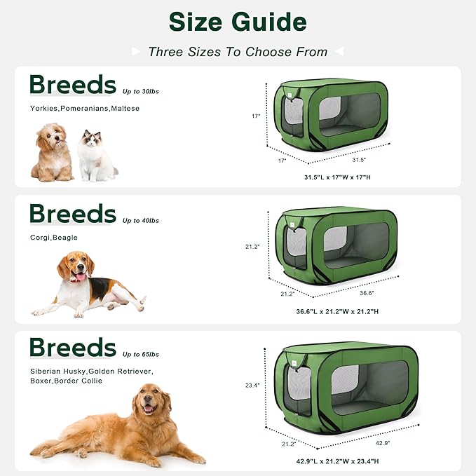 Love's cabin Pop Up Kennel, Indoor Outdoor Crate for Dog Pets, Portable Car Seat Kennel, Cat Bed Collection, Green, 36in Large