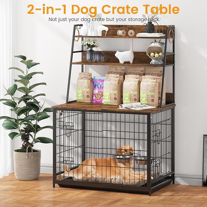 Furniture Style Dog Crate - Adjustable Feeder with Elevated Bowls, Dog Kennel Furniture with -up Top, Multifunctional Dog House End Table, Versatile Dog Cage with Storage, Brown