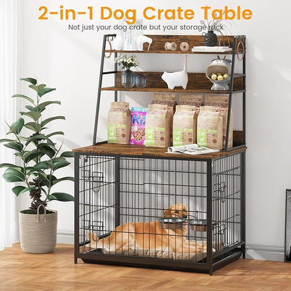 Furniture Style Dog Crate - Adjustable Feeder with Elevated Bowls, Dog Kennel Furniture with -up Top, Multifunctional Dog House End Table, Versatile Dog Cage with Storage, Brown