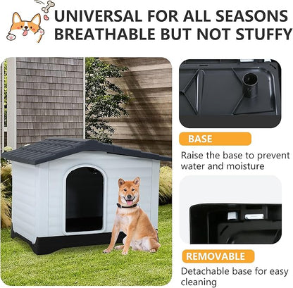 FDW Dog House Indoor Outdoor Durable House with Weatherproof Pet Plastic Dog House for Dogs Cats with Air Vents and Elevated Floor