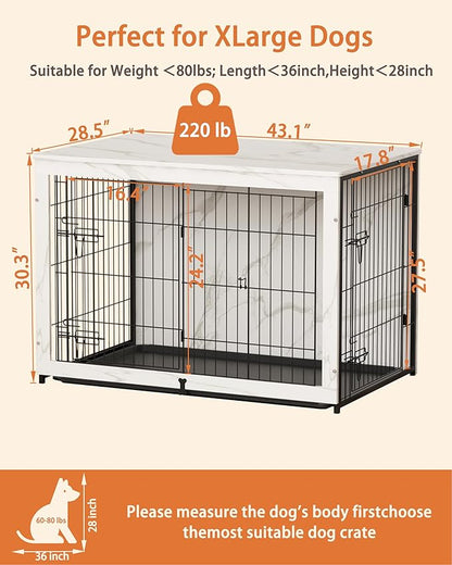Megidok Wooden Dog Crate Furniture with Cushion, Dog Crate End Table with Tray, Double Doors Dog Crate(*L:43.1" L*28.6" W*30.3" H, Marble White)